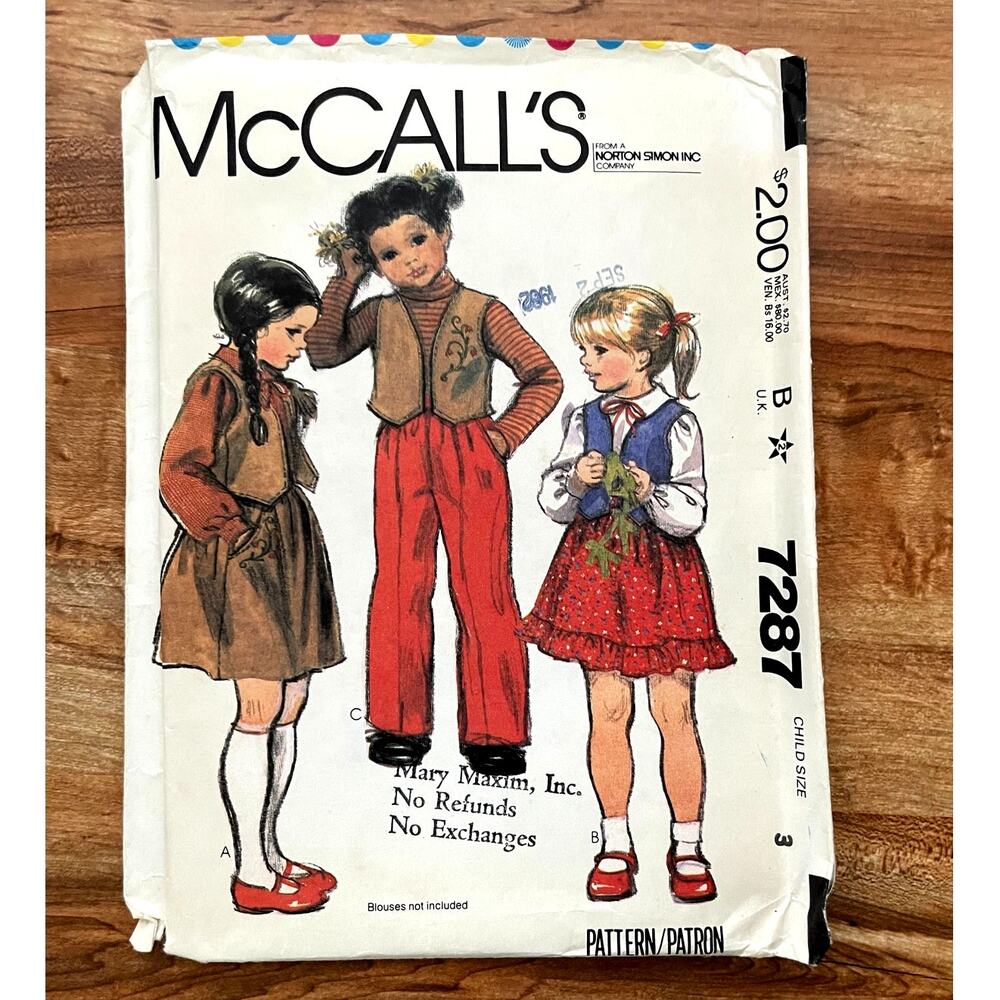 UNCUT Vintage 1980s McCalls 7287 Sewing Pattern Girls 3T Western Vest Skirt Pant